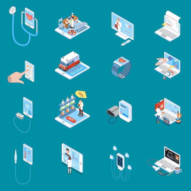 Free vector digital mobile health isometric icons with online consultation internet pharmacy medical devices blue  isolated