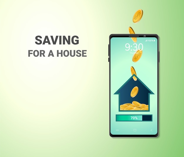 Digital money online saving fora house concept blank space on phone