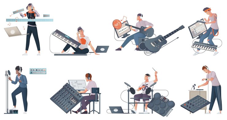 Free Vector digital music creation flat set of musicians recording music with professional equipment isolated vector illustration