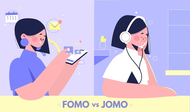 Vettore gratuito fomo digitale e organico contro il concetto di jomo