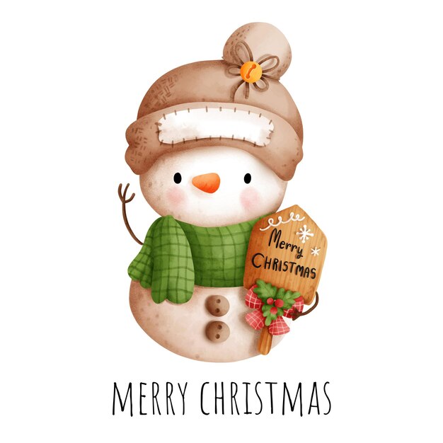 Digital painting watercolor vintage snowman merry christmas vector illustration