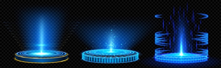 Free Vector digital portals on circle podiums with hologram and light effects 3d futuristic platforms with blue neon beams isolated on transparent background vector realistic set