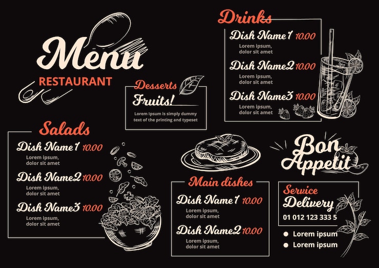 Free Vector digital restaurant menu in horizontal format