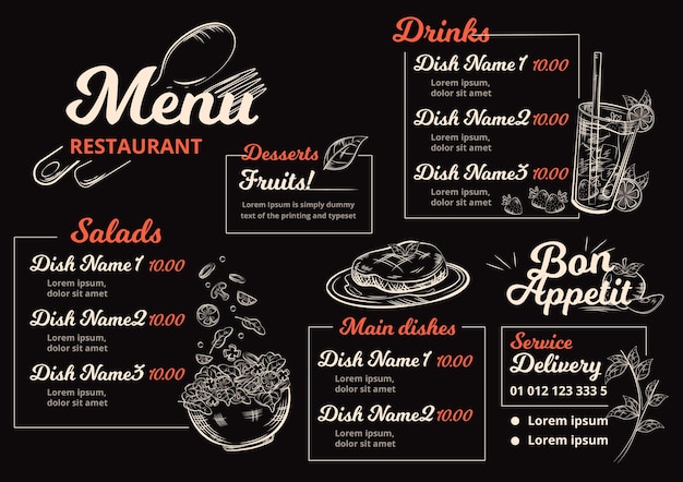 Digital restaurant menu in horizontal format