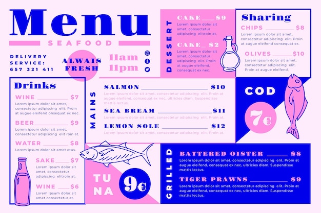 Vettore gratuito modello di menu ristorante digitale con deliziosi pasti in formato orizzontale