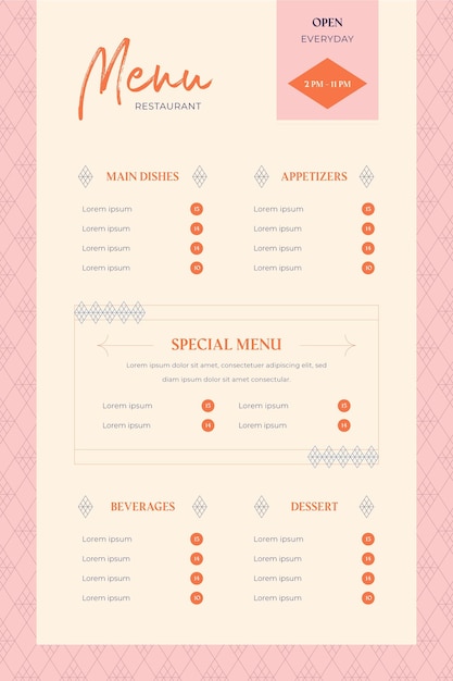 Modello di menu del ristorante digitale