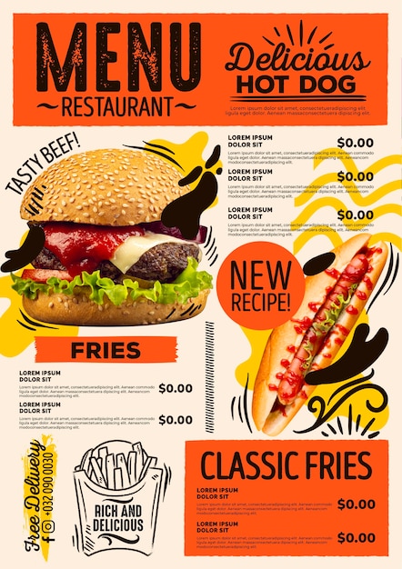 Бесплатное векторное изображение Шаблон меню цифрового ресторана
