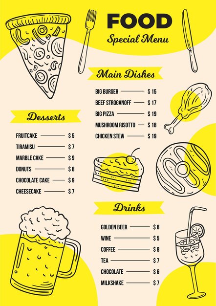 Digital restaurant menu in vertical format with foods