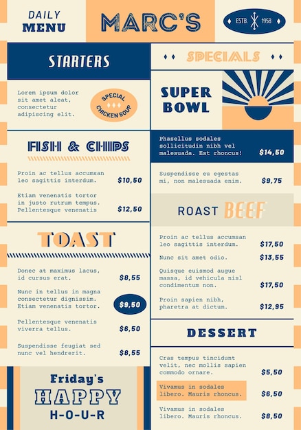 Vettore gratuito menu ristorante digitale in formato verticale