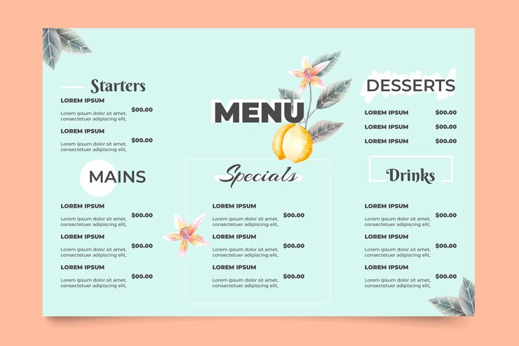 Free Vector digital restaurant menu with delicious dishes