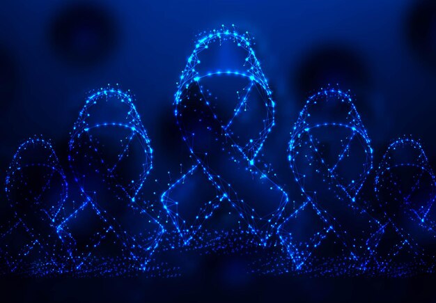 Digital ribbonbreast cancer symbol world aids day Abstract wire low poly Polygonal wire frame mesh looks like constellation on dark blue night sky with dots and stars illustration and background