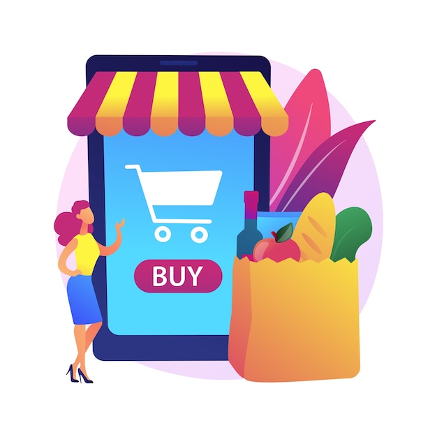 Illustrazione di concetto astratto supermercato digitale. acquisto digitale, tecnologia dell'informazione, pagamento online, negozio di alimentari, applicazione di vendita al dettaglio mobile, sconto per la spesa