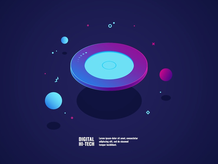 Free Vector digital technology concept, modern ultraviolet banner, flying plate object