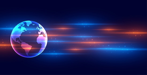 Digital technology earth banner with light streaks