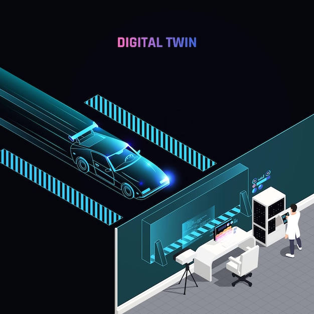 Vettore gratuito il test di simulazione di auto da corsa con tecnologia digitale gemellare massimizza le prestazioni analizzando l'illustrazione isometrica dei dati di configurazione della strategia aerodinamica