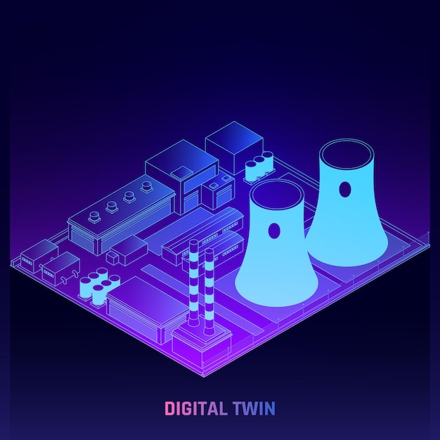 Digital twins production process simulation technology at power generation plant isometric glowing dark background poster vector illustration