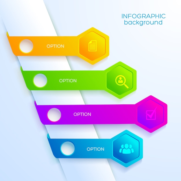 Цифровой веб-инфографический шаблон с бизнес-символами, четырьмя красочными лентами и шестиугольниками