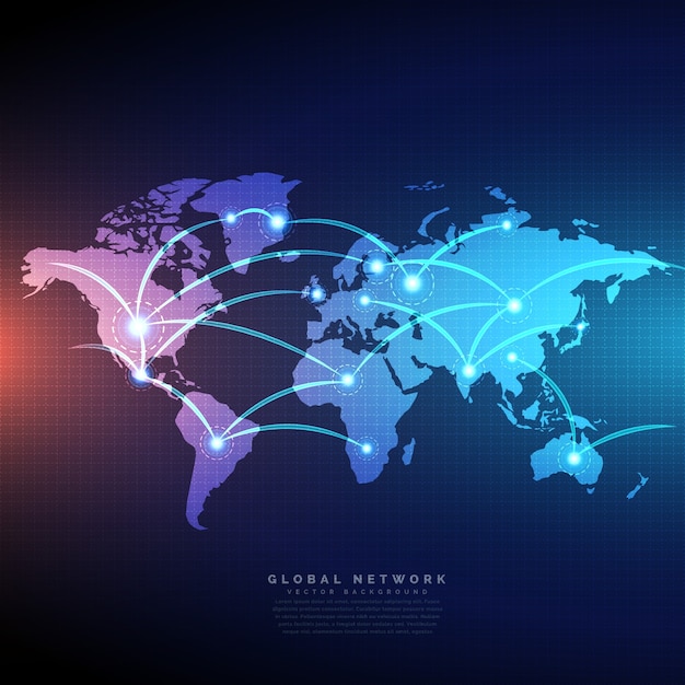 回線接続のネットワーク設計によってリンクされたデジタル世界地図