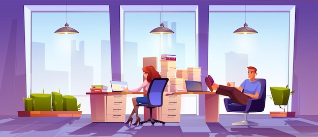 Free vector diligent female and lazy male office employees