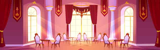Бесплатное векторное изображение Столовая в королевском дворце векторная мультфильмная иллюстрация просторного ресторанного зала винтажные деревянные столы и стулья красные тканные баннеры с золотой эмблемой на потолке большие окна в викторианском стиле