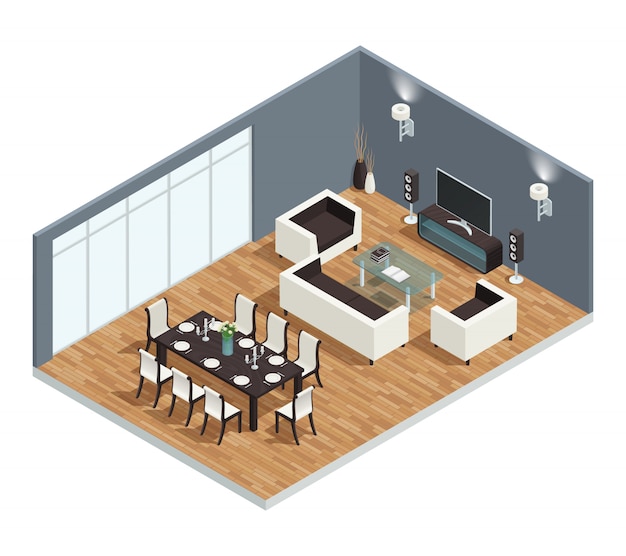 Dining room isometric concept with TV table and chairs 