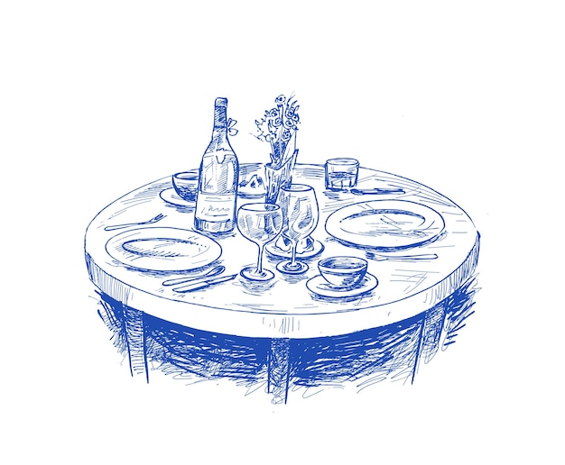 Обеденный стол для свидания с бокалами вина Ручной рисунок векторной иллюстрации