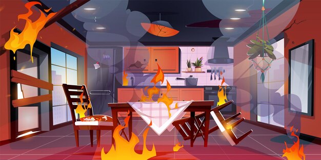 Обеденный стол в кухонном интерьере во время пожара с дымом Разбитая кухонная комната с пламенем и дымом мультяшный векторный фон Современный оранжевый кухонный прибор горит в опасной игровой сцене