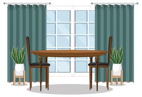 Free vector dining table set with window and green curtain