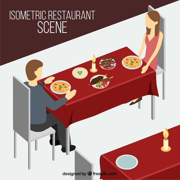 Dinner restaurant scene in isometric style 