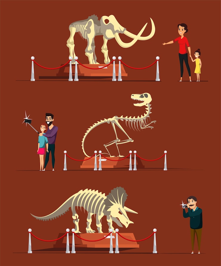 मुफ़्त वेक्टर dinosaur bones exhibition museum visitors mother with child man and couple taking photos prehistoric animals skeletons educational exposition