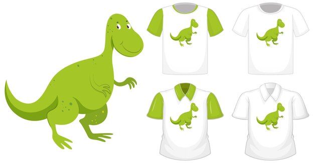 Dinosaur cartoon character logo on different white shirt with green short sleeves isolated on white background