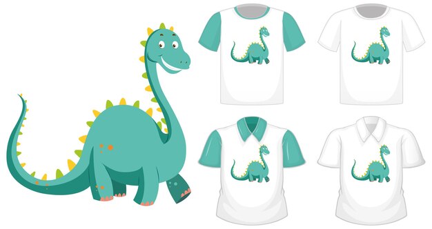 白い背景で隔離の緑の半袖と別の白いシャツの恐竜漫画のキャラクターのロゴ