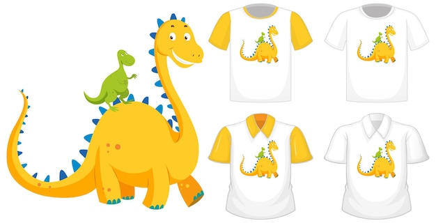 Dinosaur cartoon character logo on different white shirt with yellow short sleeves isolated on white background