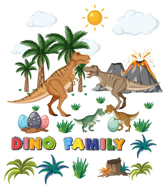 Dinosaur family with forest objects