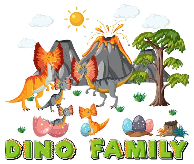Семья динозавров с лесными объектами
