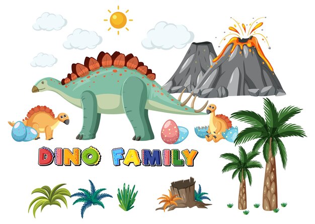 Dinosaur family with forest objects