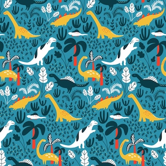 Dinosaur pattern for kids fabric or nursery wallpaper. blue detailed background with jungle, palms and tropical leaves. white and green dinos on repeated vector tile.