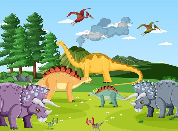 先史時代の森のシーンで恐竜