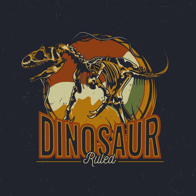 Design etichetta t-shirt tema dinosauro con illustrazione di ossa di dinosauro invecchiate