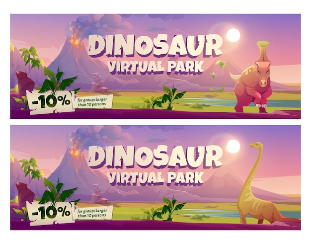 Бесплатное векторное изображение Набор баннеров виртуального парка динозавров