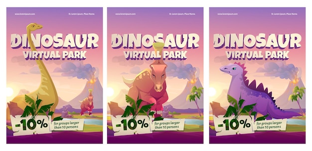 Vettore gratuito set di poster del parco virtuale dei dinosauri