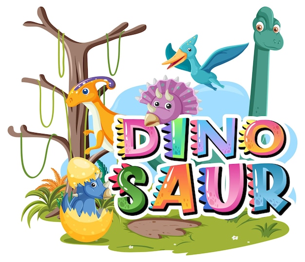 Logo della parola dinosauro con vari dinosauri