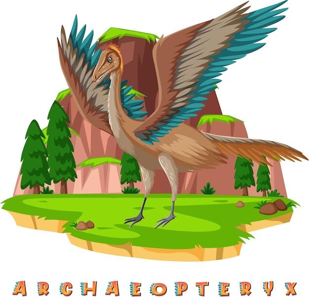 Vettore gratuito wordcard di dinosauro per archeopteryx