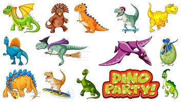 dinosaurs and dragon on white background