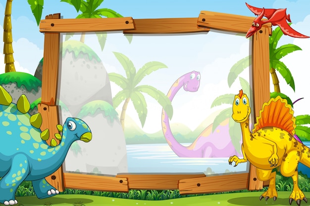 Free vector dinosaurs by the wooden frame