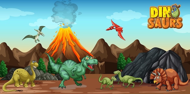 Dinosaurs cartoon character in nature scene