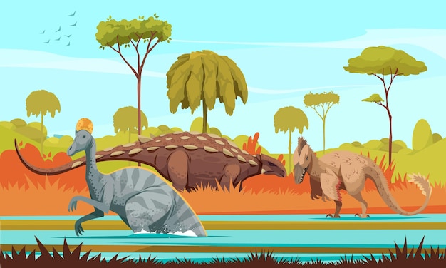Vettore gratuito cartone animato di dinosauri colorato con carnivori utahraptor e erbivori corythosaurus personaggi illustrazione