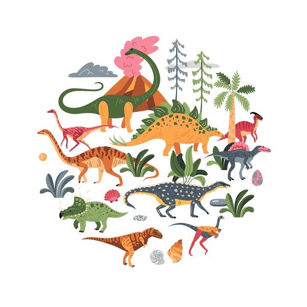 Динозавры окружают состав изолированных икон динозавров с яйцами, древними раковинами, вулканом, горой и экзотическими растениями, векторной иллюстрацией