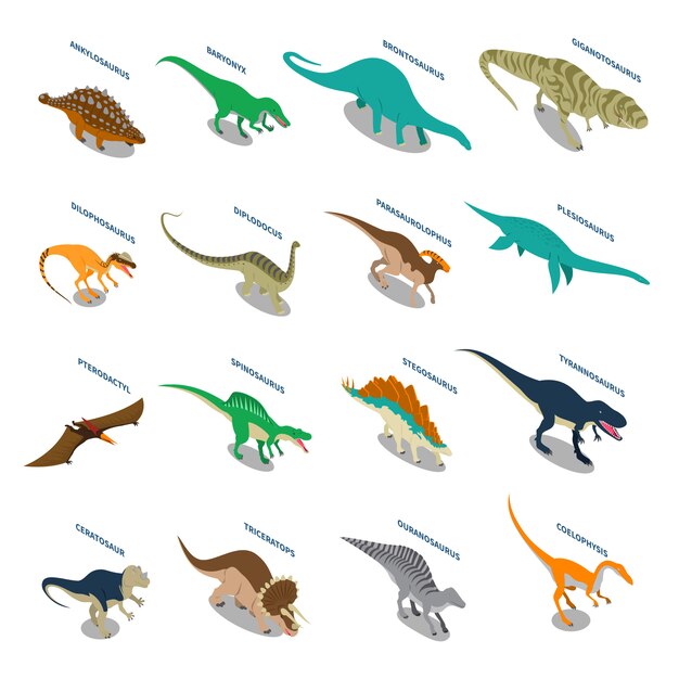 Набор иконок динозавров изометрии