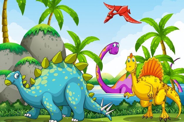 Dinosaurs living in the jungle